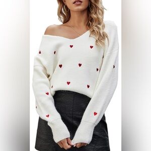 ECOWISH White Heart Patterned Valentines Women's Sweater